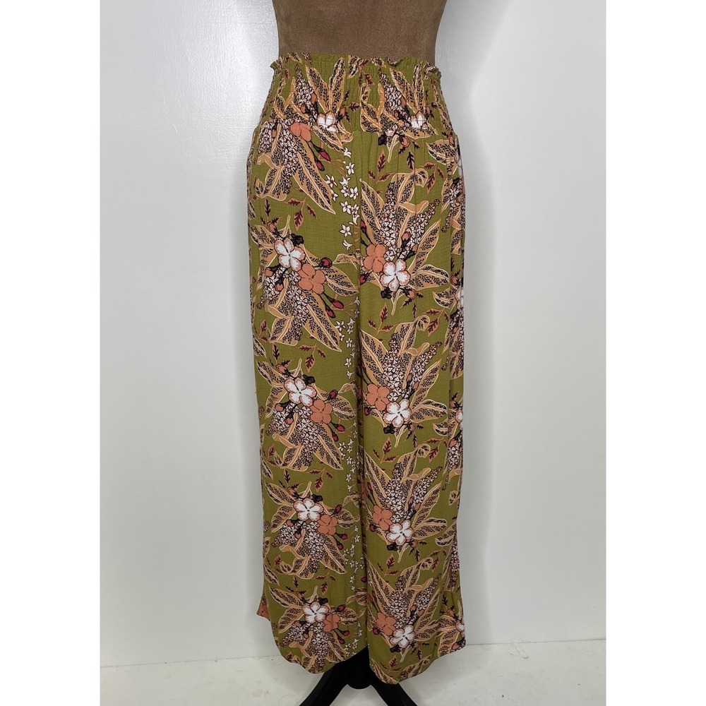 Women's Wide Leg Palazzo Flowy Pants Boho Size L Olive Green Floral Tropical